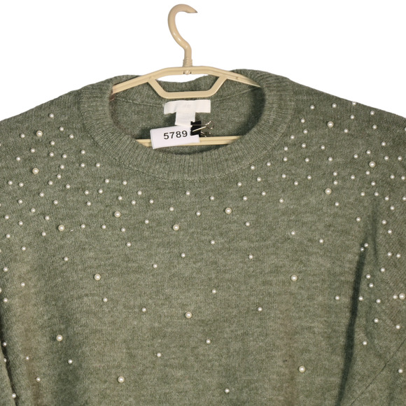 H&M Green Fuzzy Wool Blend Sweater Women M Faux Pearl Embellished Soft Cozy Chic - Picture 2 of 8